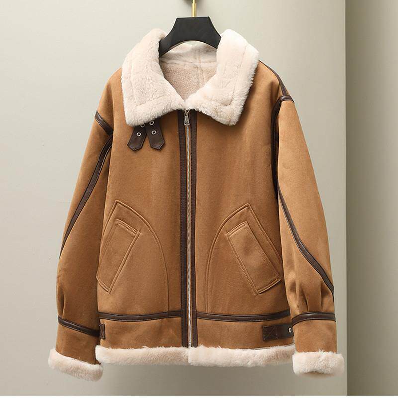 新品复古皮毛一体羊羔毛机车服2024秋冬季新短款皮草外套女立领夹