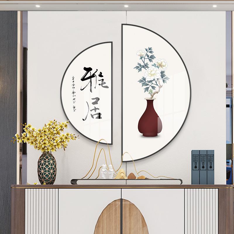 现货舍得字画挂画新中式荷花玄关装饰画禅意书房圆形轻奢餐厅玄关图片