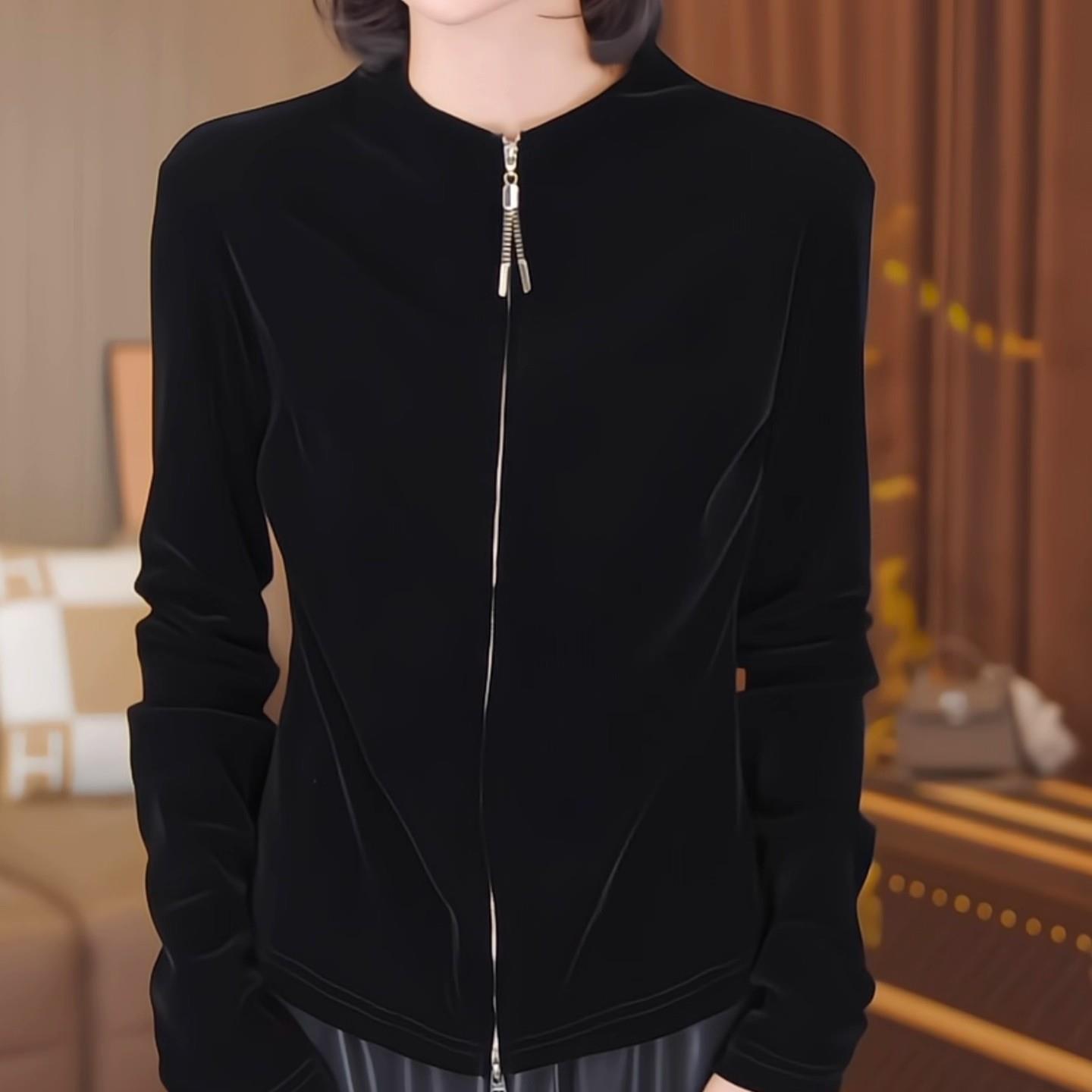 新品简约黑色双拉链长袖外套女士春秋2026欧货休闲百搭洋气金丝绒