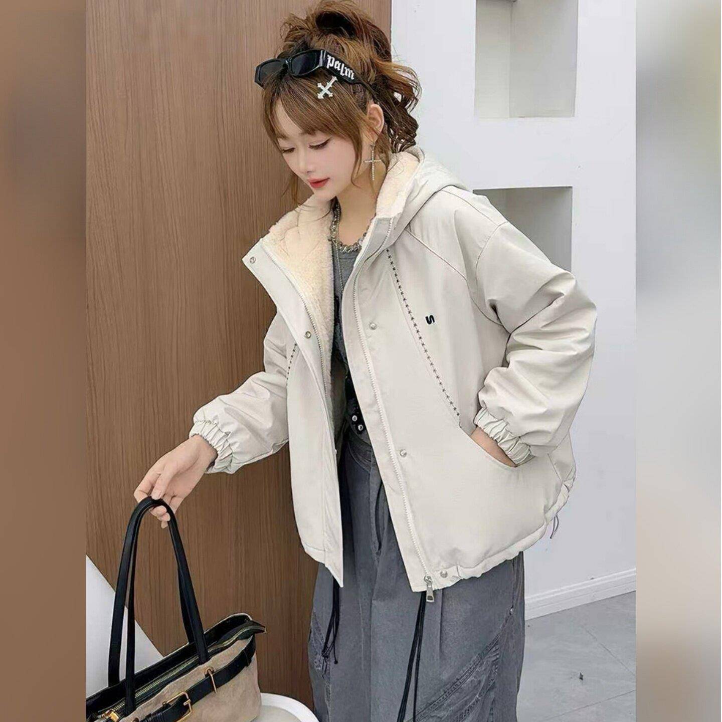 新品时尚减龄chic明线装饰厚实保暖棉服毛毛外套冬季2026新款今年