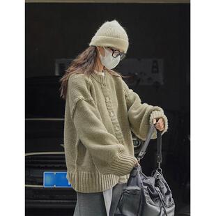 新品日系复古高级感绿色毛衣外套女秋冬季慵懒老钱风加厚针织开衫