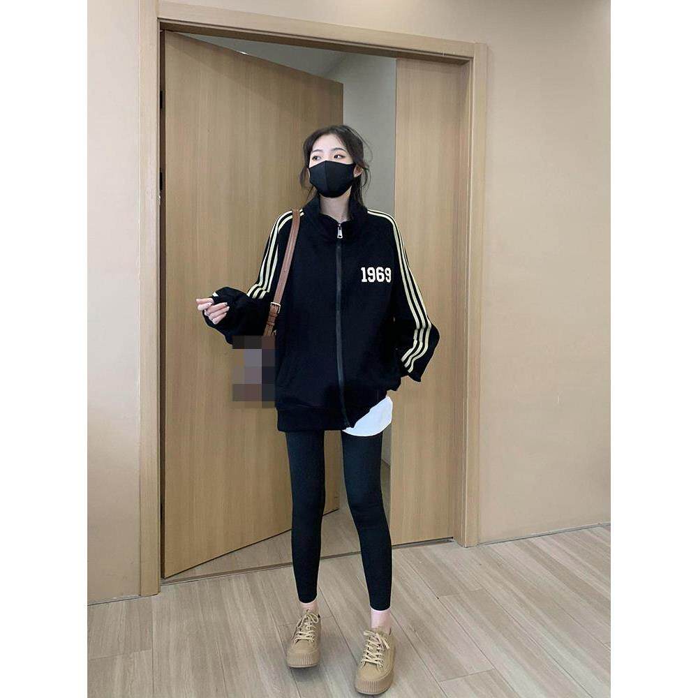 新品立领棒球服外套女秋款欧货网红美式复古中长款遮屁股卫衣运动