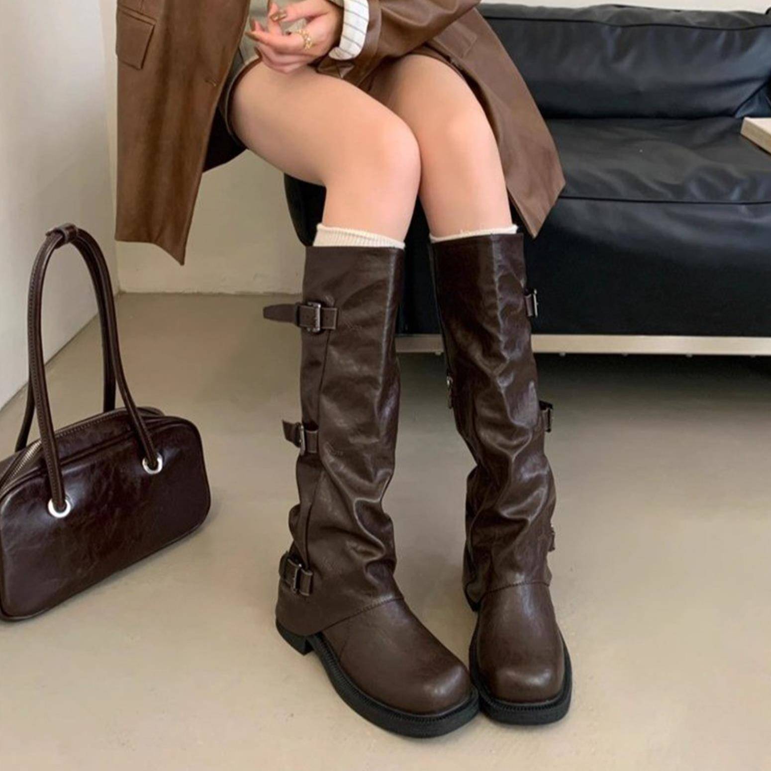 推荐厚底增高皱褶中筒高筒靴子女2026新款夏秋季长筒骑士靴显瘦裤