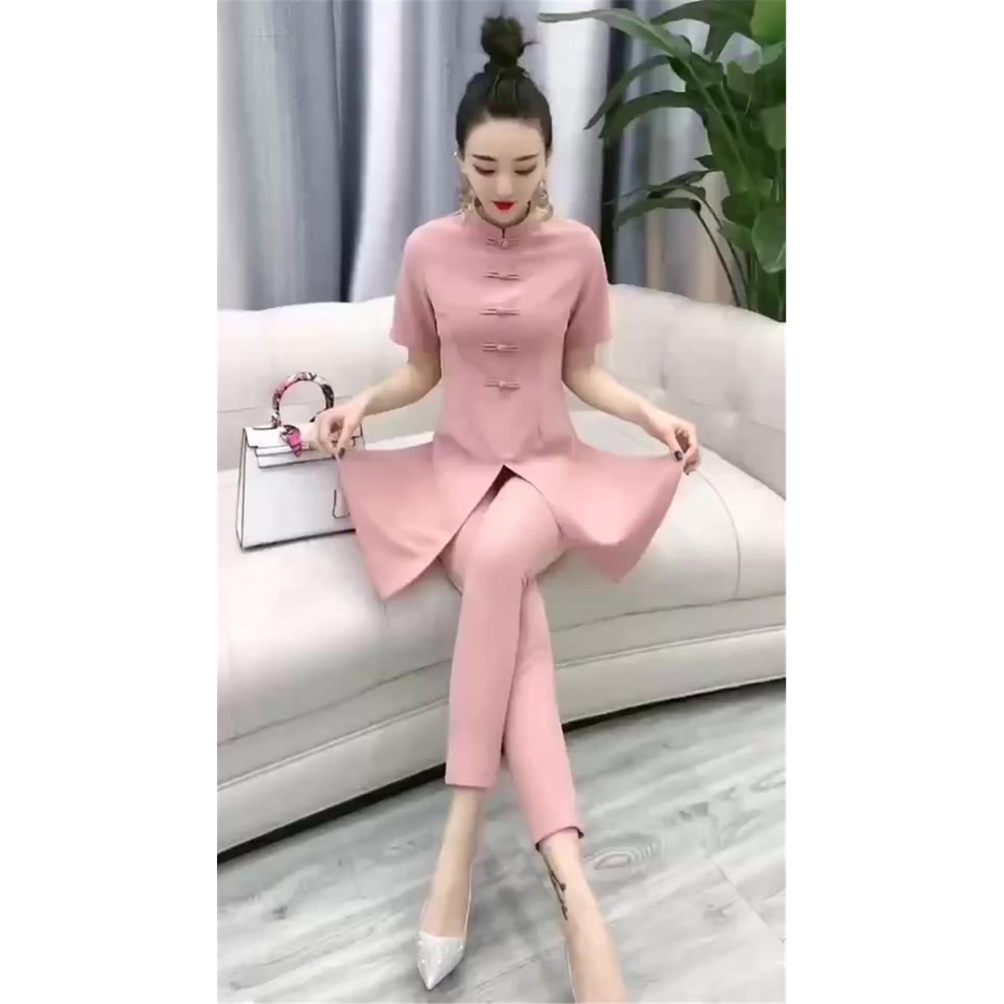 新品网红同款中国风时尚套装女短袖中长款上衣哈伦裤韩版洋气两件
