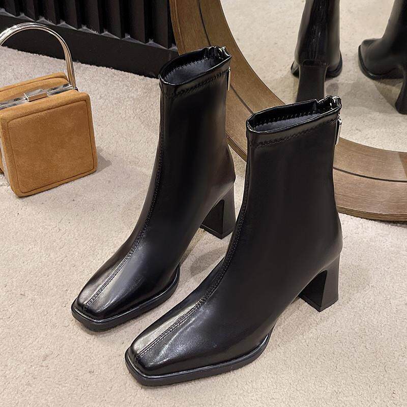 新品高跟短靴女2026新款春秋单靴粗跟法式小踝靴后拉链方头弹力瘦