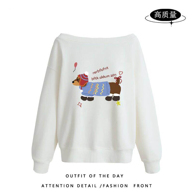 极速早秋新款白色辣妹斜领卫衣女2025小众设计感宽松显瘦露肩长袖