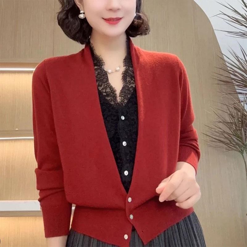 新品洋气减龄假两件蕾丝针织开衫女2026春秋新款宽松时尚妈妈长袖