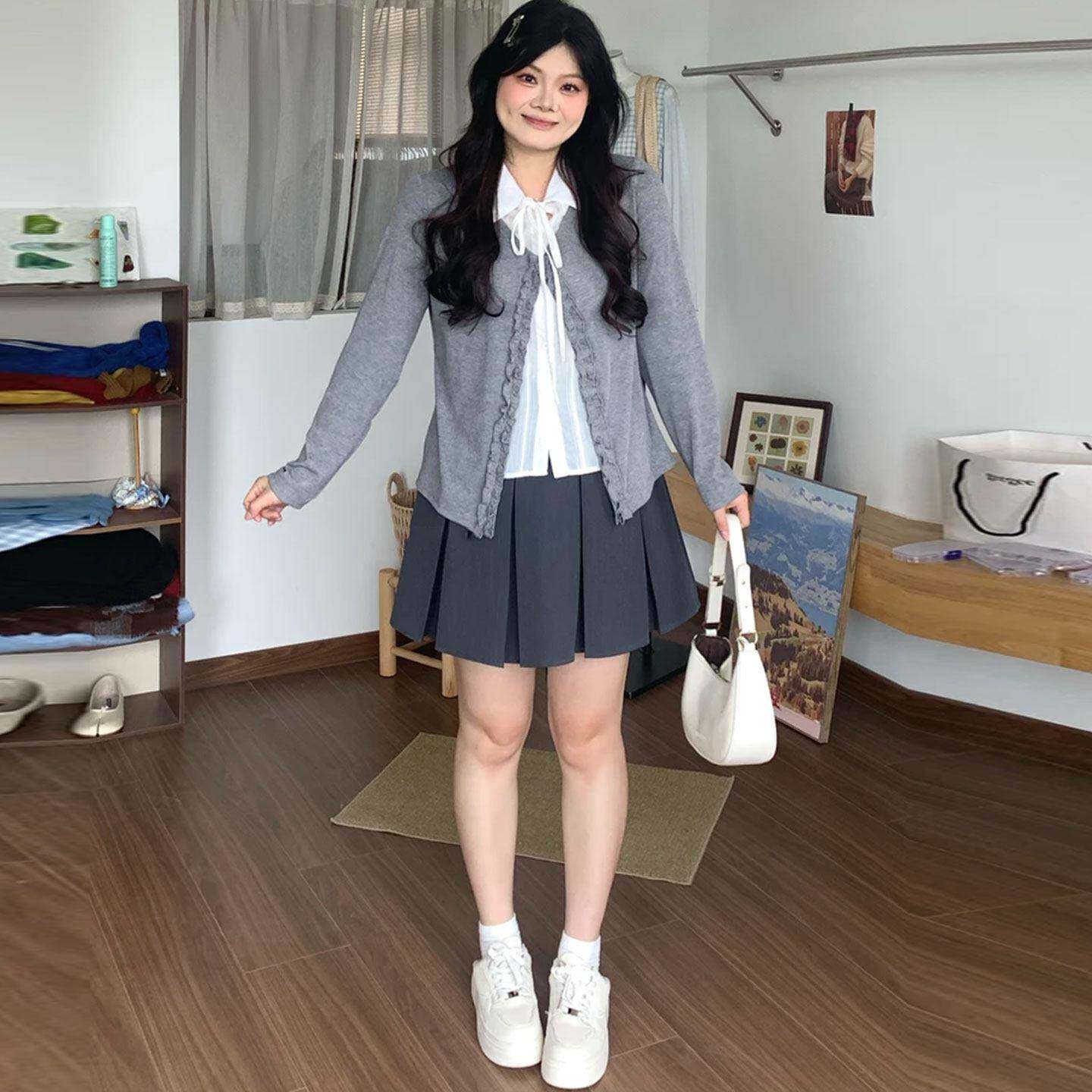 新品大码韩系学院风假两件长袖T恤女秋季胖mm显瘦蝴蝶结系带百搭