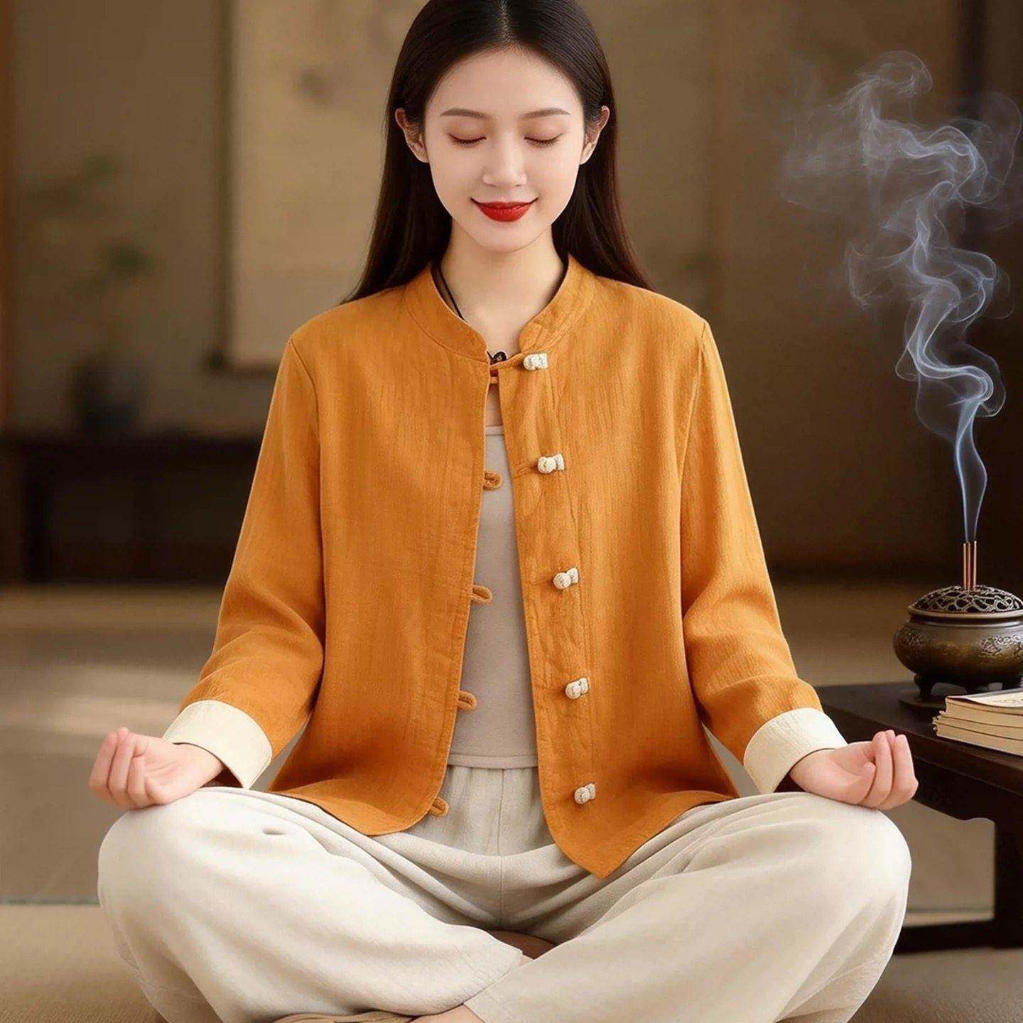新品中式国风盘扣开衫复古长袖外套女式禅修打坐静心礼佛居士服套