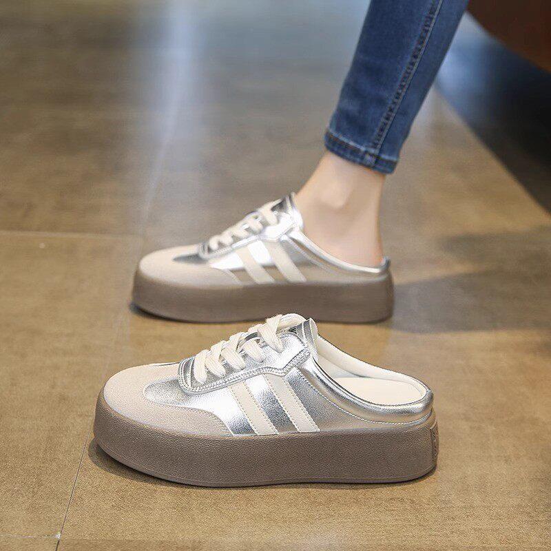 新品内增高半拖鞋女春季一脚蹬运动厚底百搭爆款休闲爆款无后跟德