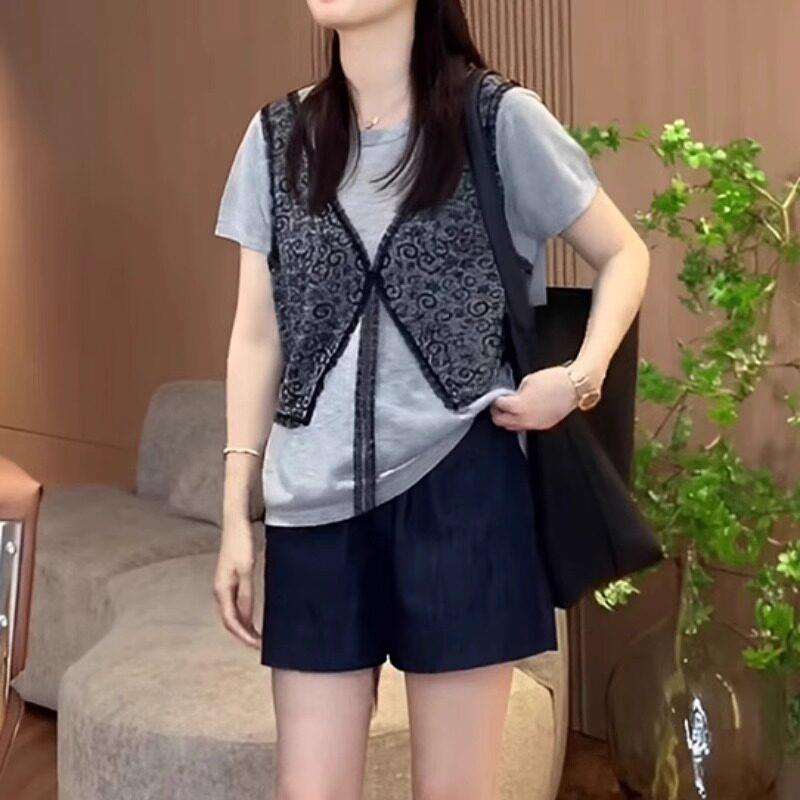 新品胖MM大码女装气质宽松短袖T恤2026新款韩系蕾丝拼接假两件上