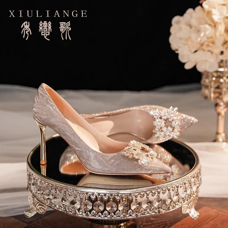 时尚单鞋女2025新款春季婚鞋新娘鞋禾秀婚纱两穿不累脚水晶高跟鞋