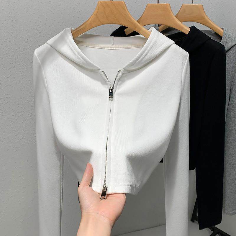 新品灰色卫衣女春秋2025新款休闲连帽开衫外套时尚修身短款双拉链