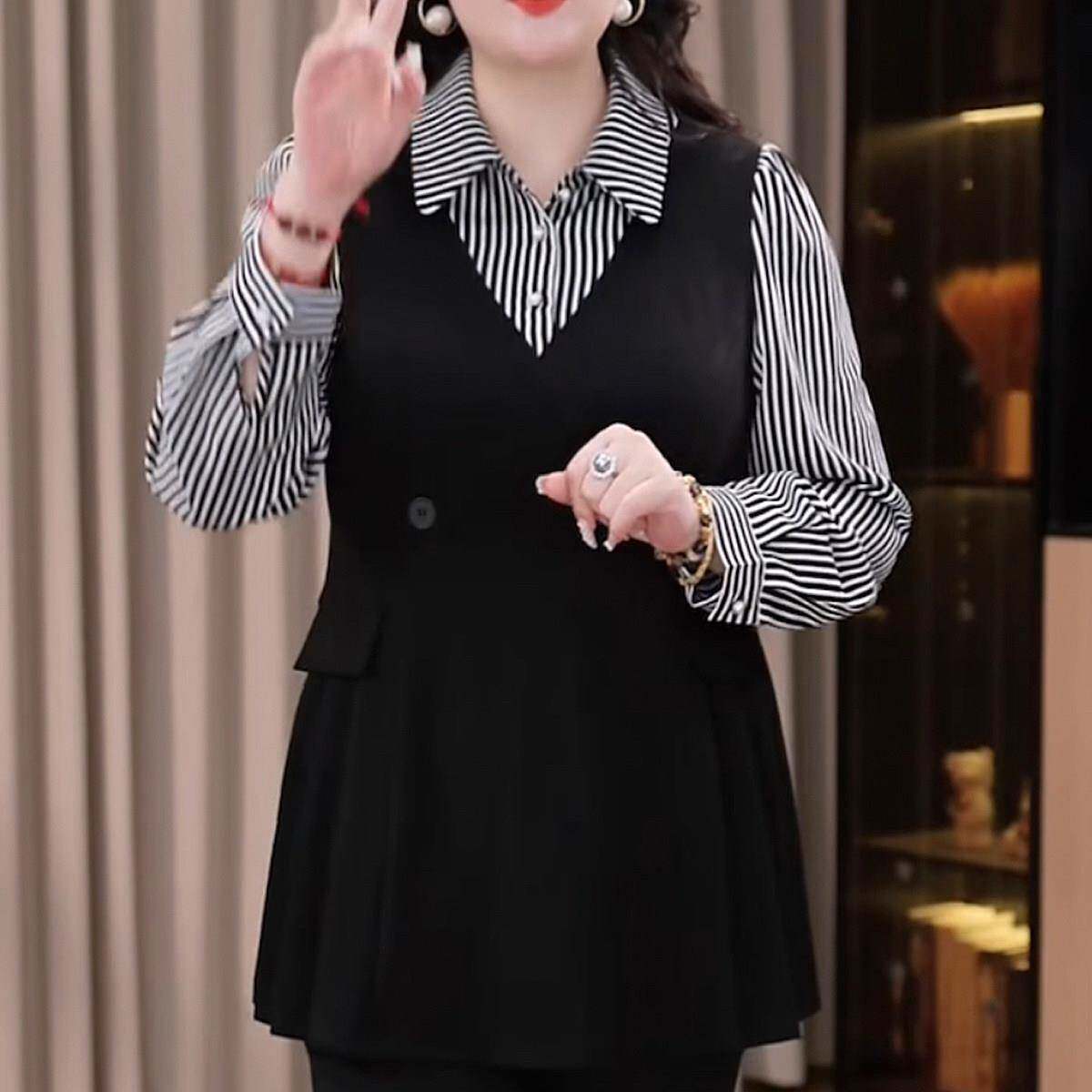 新品胖人女装显瘦有腰身高档条纹假两件上衣大码遮肉遮胯外穿打底
