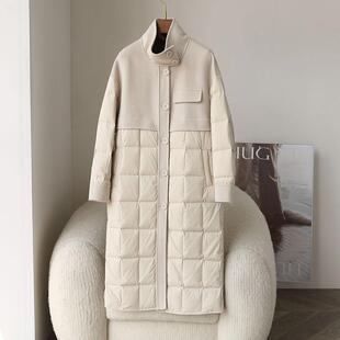 极速双面羊绒大衣拼接羽绒服女2024冬新立领白鹅绒中长款毛呢大衣