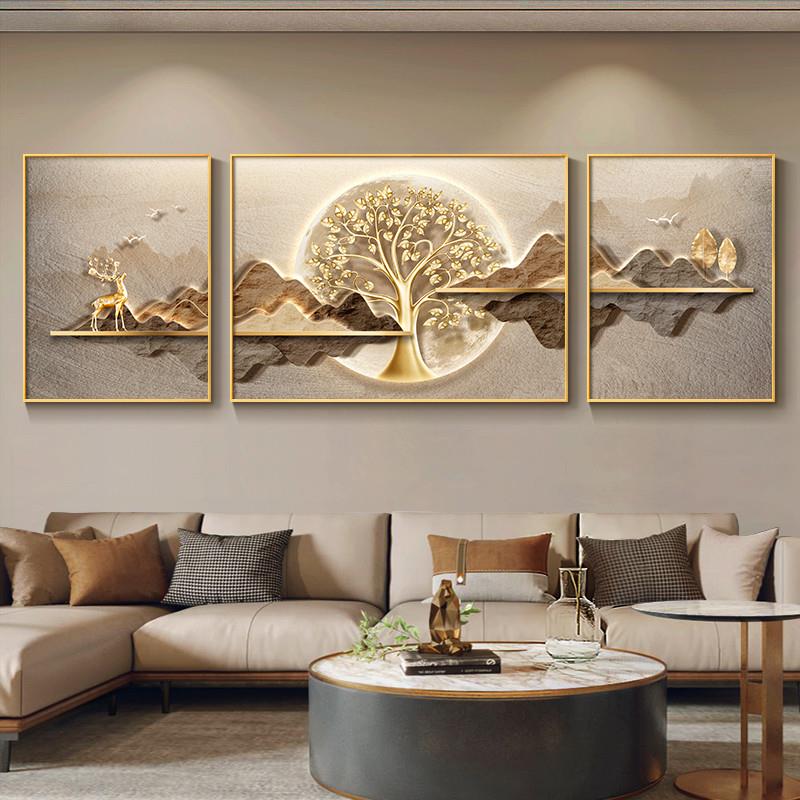 现货现代奢客厅装饰画大气财树沙发轻背墙画高级挂感发三联靠山景图片