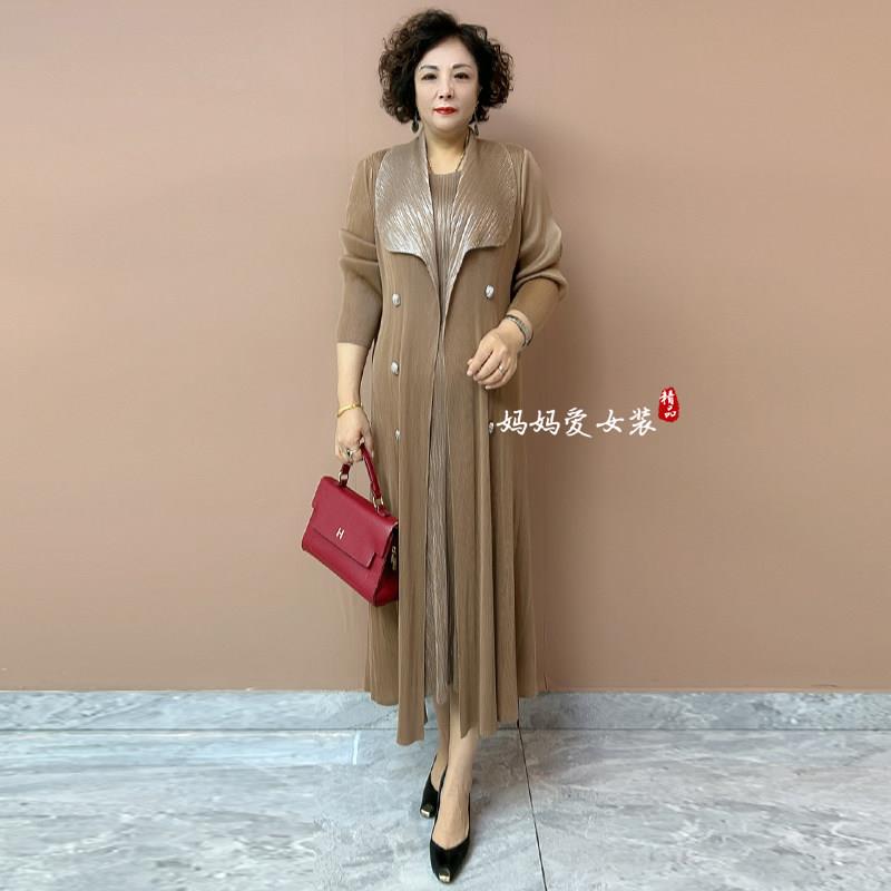 新品2026春秋新款中长款风衣外套连衣裙时尚宽松褶皱假两件妈妈长