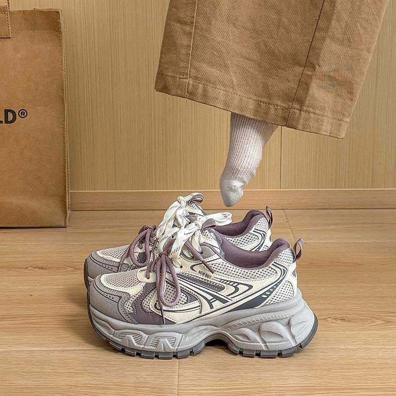 推荐厚底内增高老爹鞋女2026新款春季鞋子网面薄款透气休闲小白阿