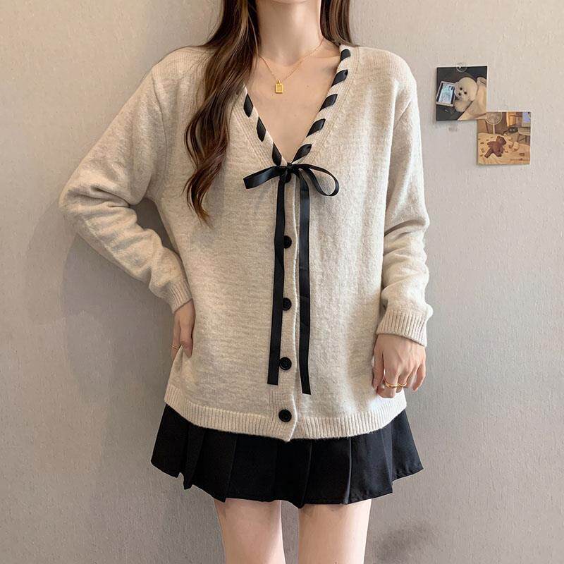 新品大码甜美独特编带蝴蝶结长袖毛衣女秋冬季胖MM宽松遮肉百搭打