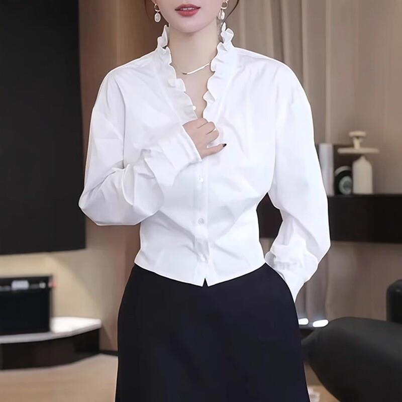 新品大码白色荷叶边v领长袖小衫衬衣女2026早秋胖mm显瘦遮肉漂亮