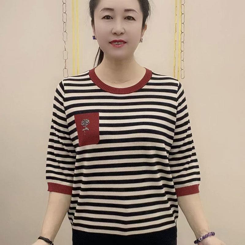 新品时尚条纹五分袖针织衫女2026春季新款妈妈装百搭宽松显瘦圆领
