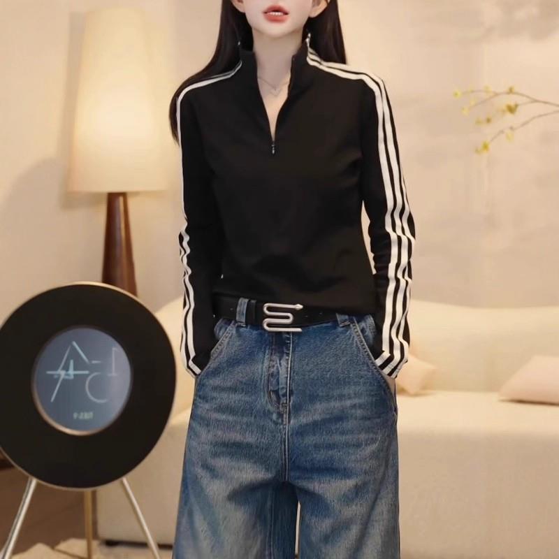 新品复古运动风黑色长袖T恤女秋季大码胖mm三条杠立领修身打底衫
