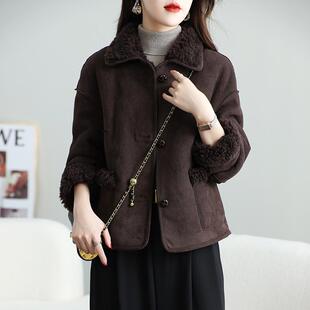 极速海宁颗粒羊剪绒大衣女短款羊羔皮毛一体麂皮绒皮草外套机车服