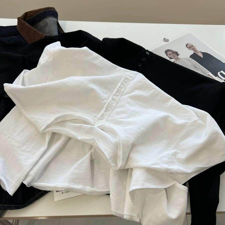 新品胖MM大码200斤亨利领白色长袖T恤女春秋宽松大版纯棉内搭撞色