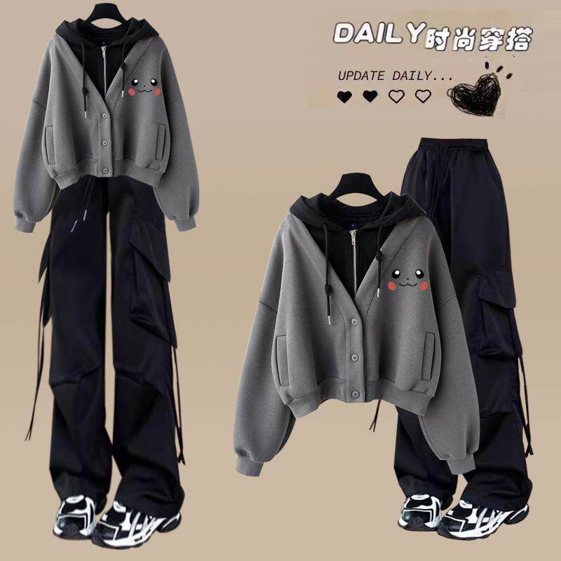 新品中学生大童少女假两件连帽卫衣春秋外套高中初中生工装裤两件