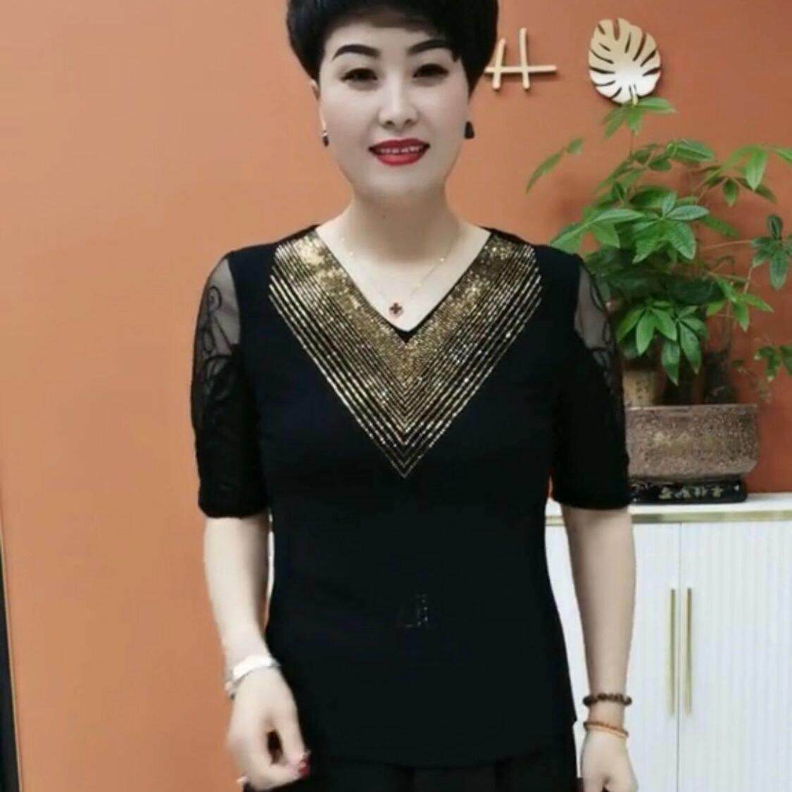 新品洋气V领烫钻绣花长袖T恤女装2026春季新款中年妈妈装弹力网纱