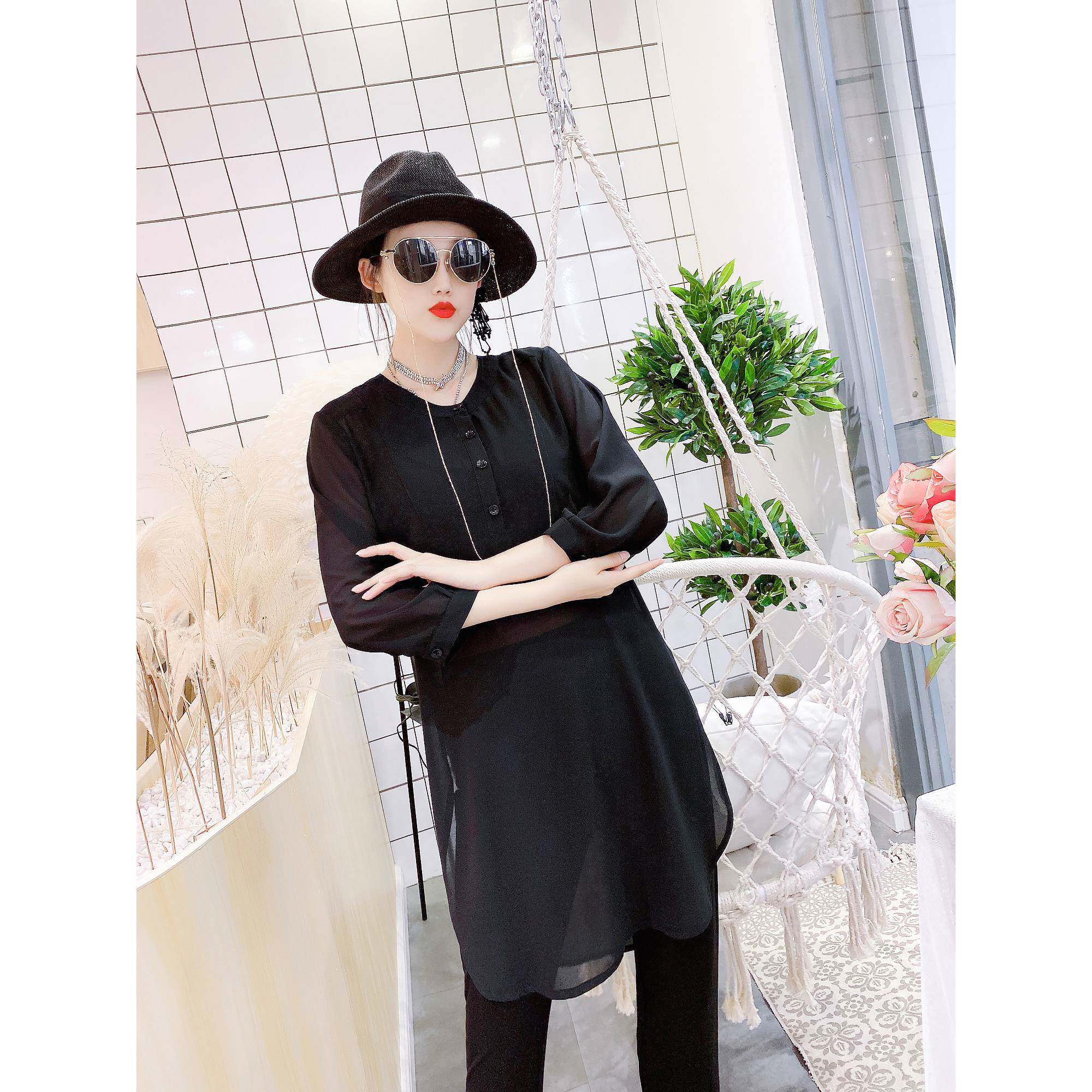 新品雪纺衫衬衫女2019秋款韩版显瘦五分袖圆领套头纯色百搭中长款