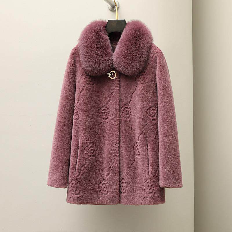 新品海宁妈妈装颗粒羊剪绒大衣女2022新款狐狸毛领皮毛一体皮草外