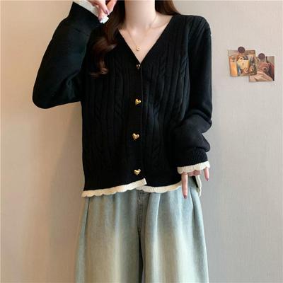 新品黑色小香风V领针织开