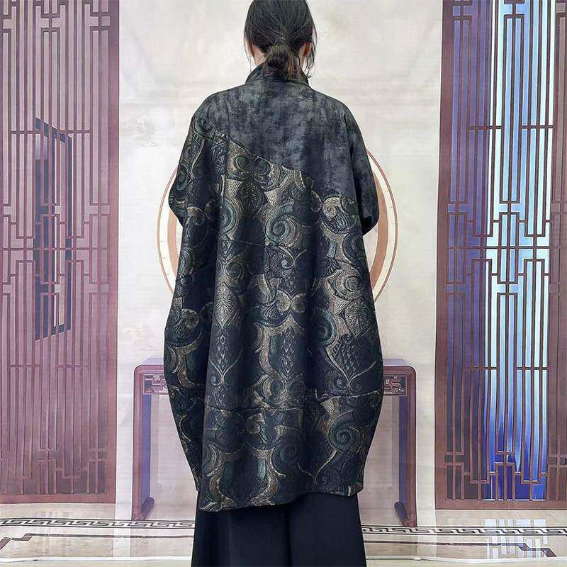 新品气质妈妈风衣外套秋复古印花鹿皮绒宽松200斤胖女人显瘦中长