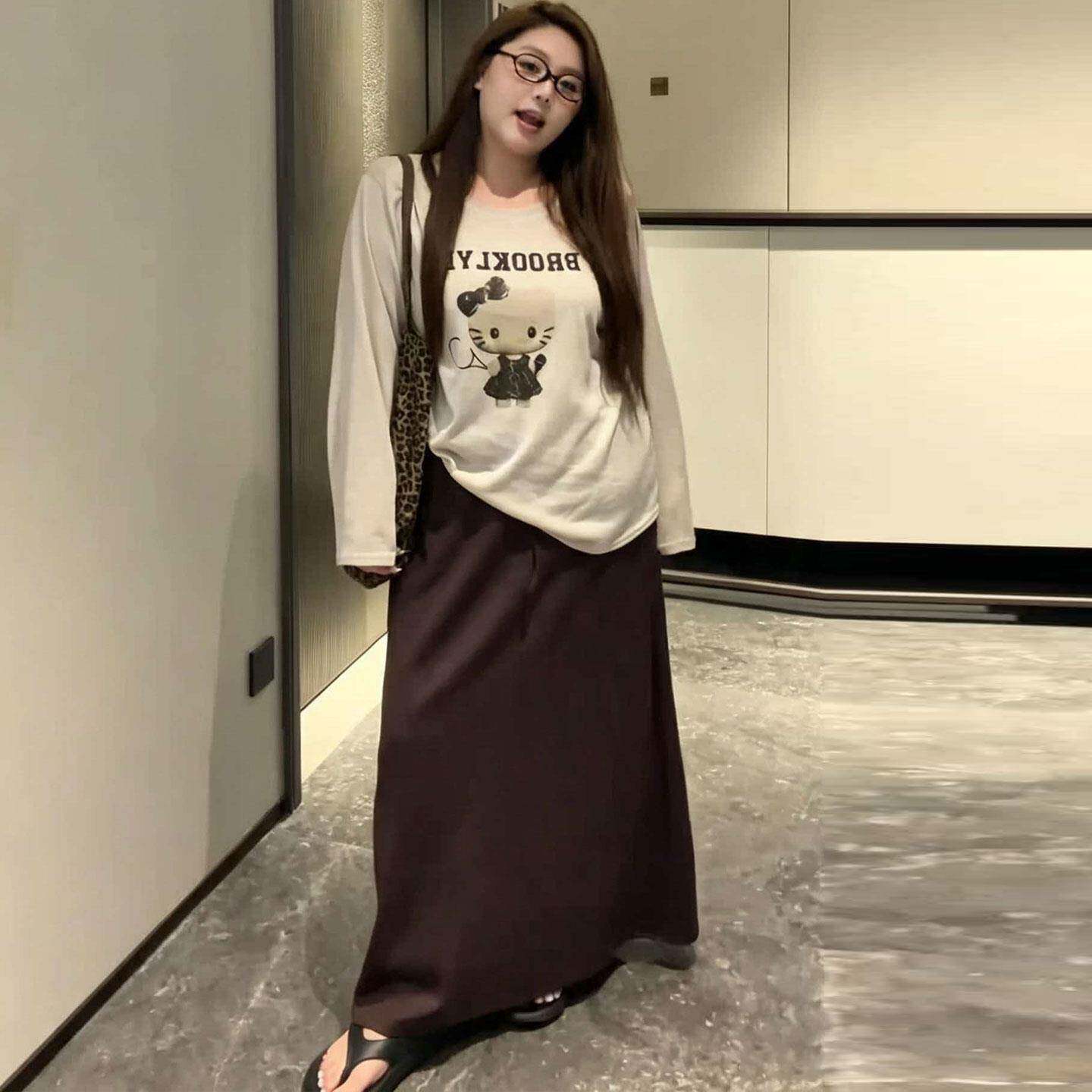 新品大码美式卡通印花长袖T恤女早秋胖mm宽松休闲百搭慵懒风减龄
