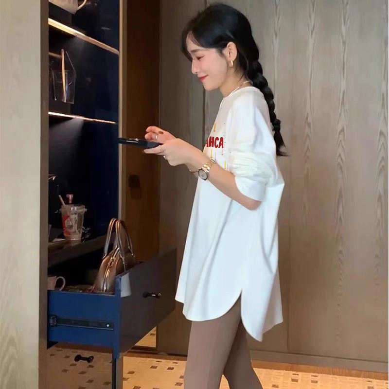 新品白色中长款打底衫女2026新款纯棉长袖t恤鲨鱼裤搭配的上衣遮