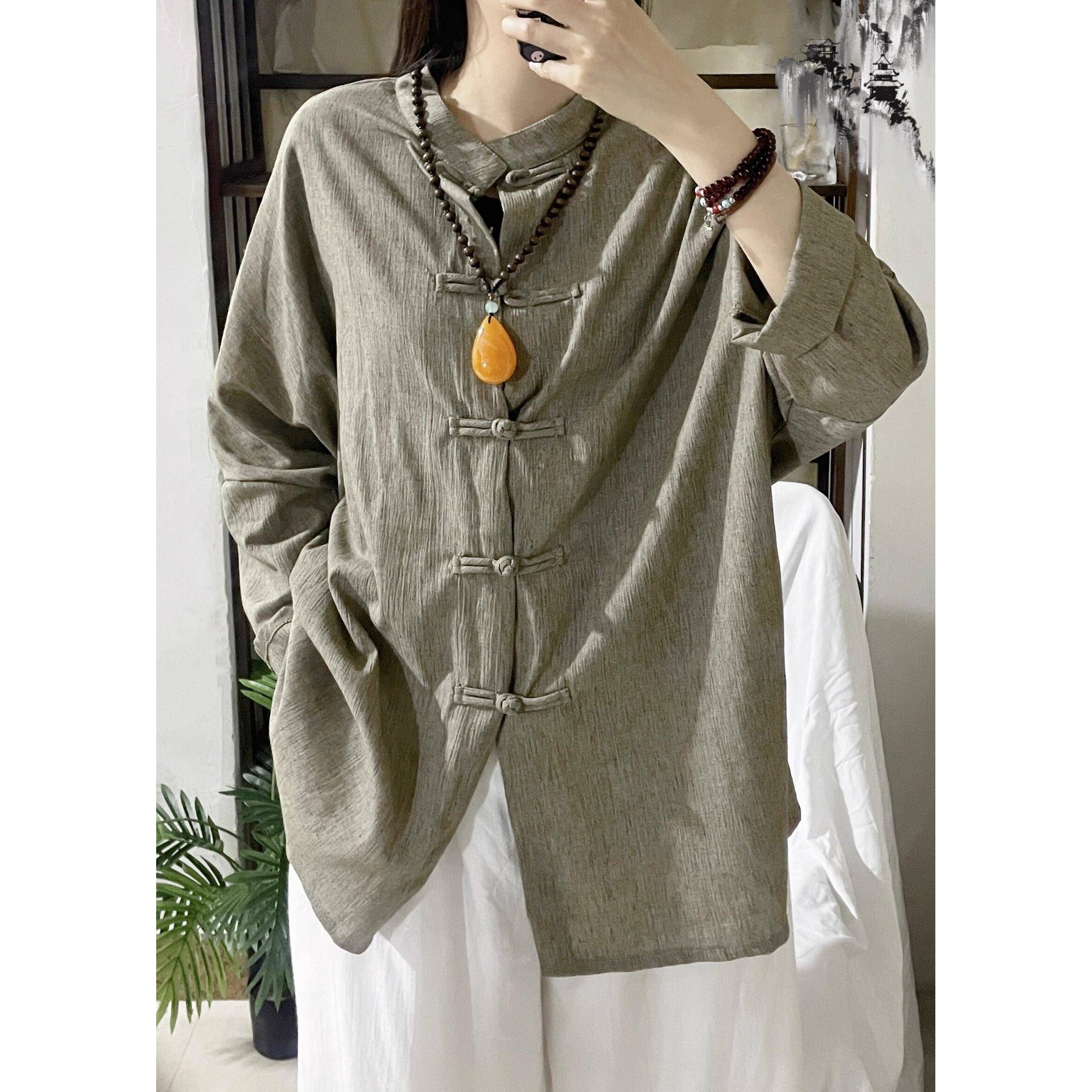 新品中长款复古盘扣棉麻衬衫女士宽松大码休闲中式禅意茶服长袖上