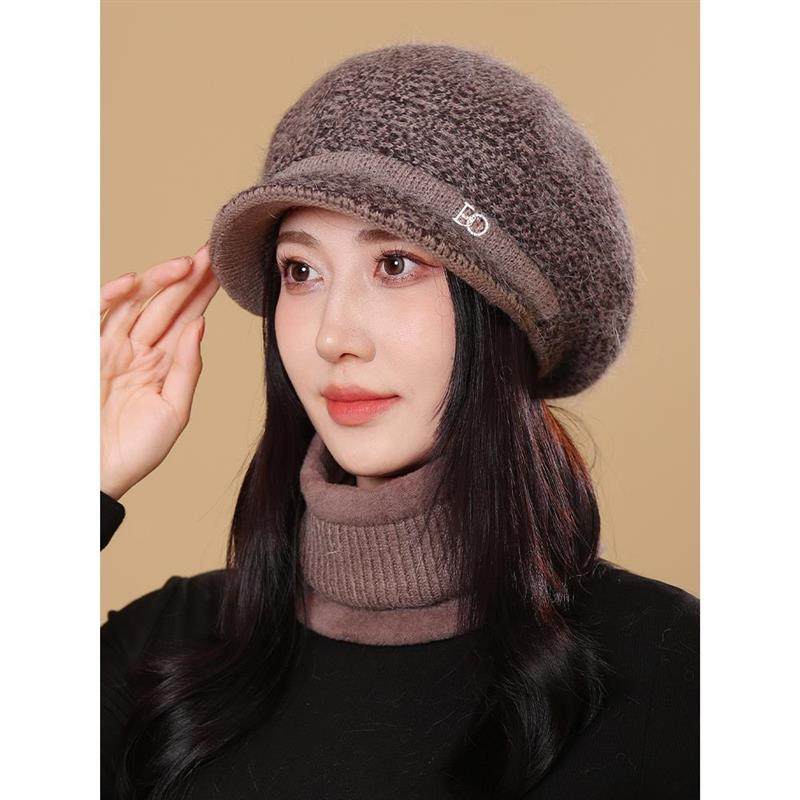 兔毛帽子女士冬季妈妈保暖防寒毛线帽针织围脖套装奶奶中老年百搭