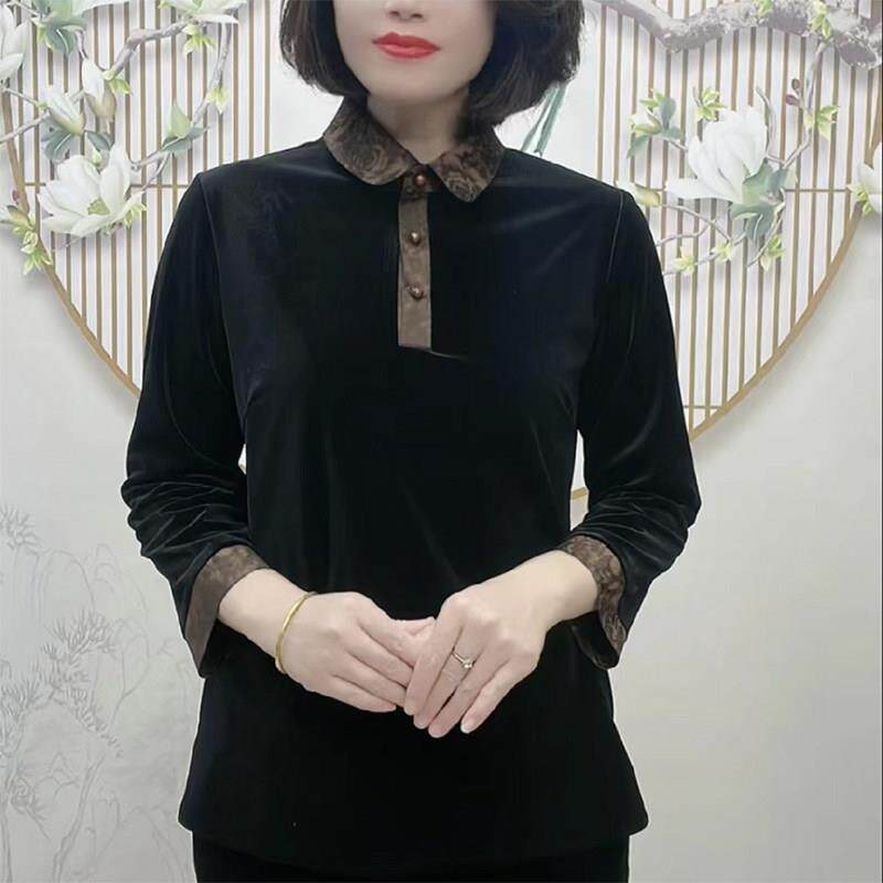 新品金丝绒打底衫女春秋新款洋气妈妈装九分袖t恤中老年翻领遮肉