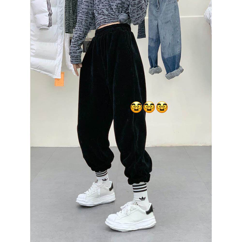 新品奶奶灰灯芯绒运动裤女春秋季2026欧货宽松大码休闲哈伦裤条绒