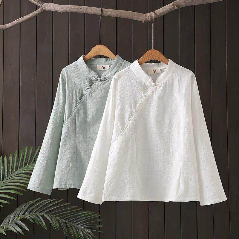 新品中国风棉麻提花套头长袖衬衫端春秋女装斜襟盘扣立领茶服休闲