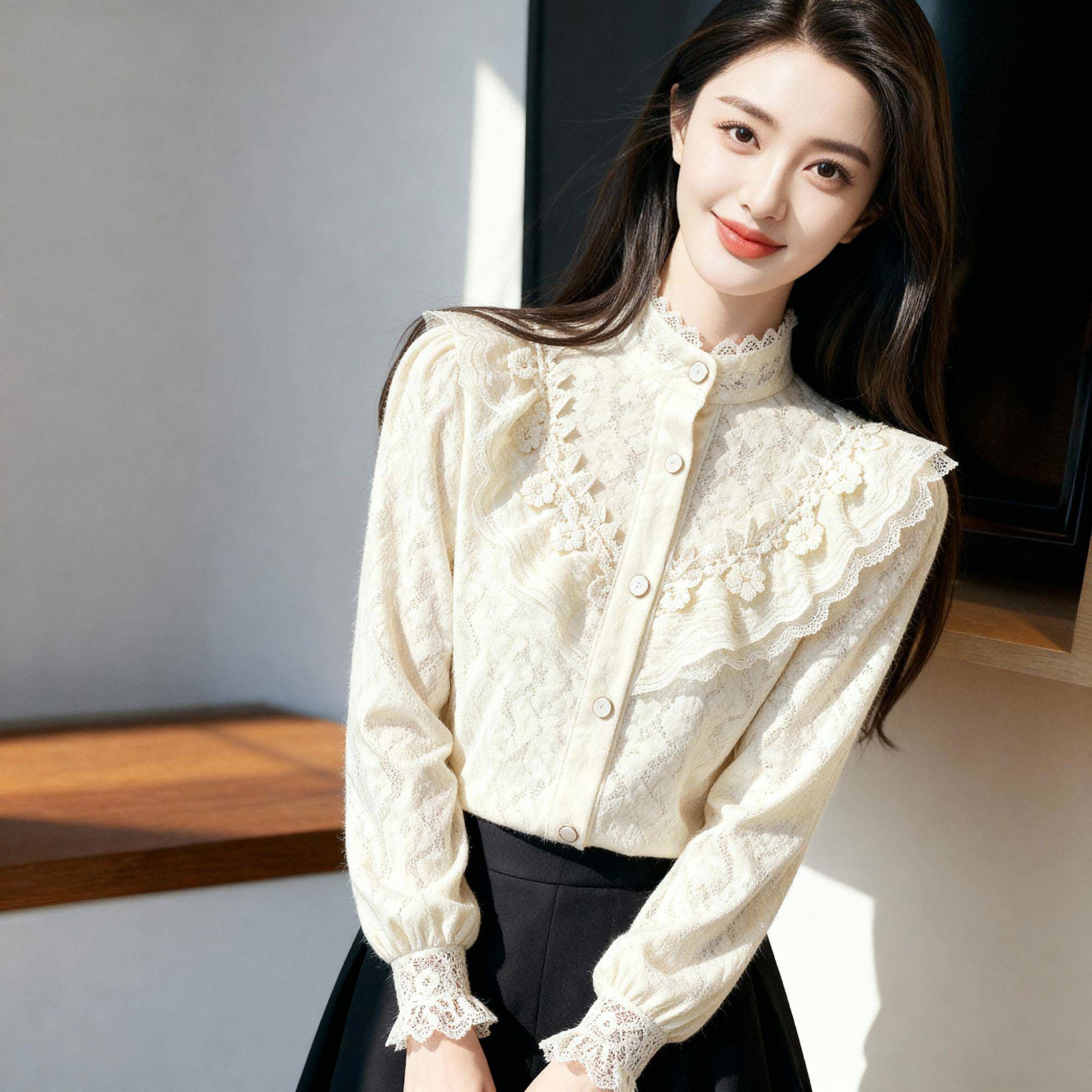 新品加绒加厚蕾丝打底衬衫女士春秋2026新款法式高档长袖上衣减龄