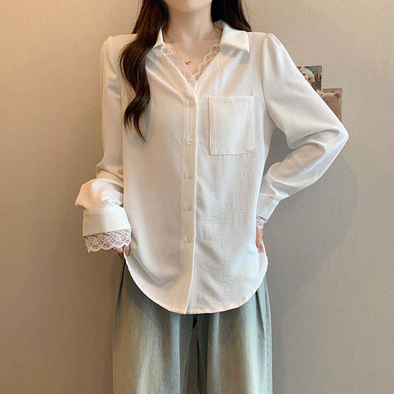新品大码法式蕾丝拼接翻领长袖衬衫女秋冬季胖MM宽松遮肉甜美百搭