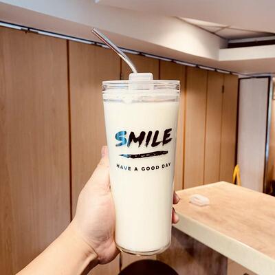玻璃杯带吸管盖带刻度办公