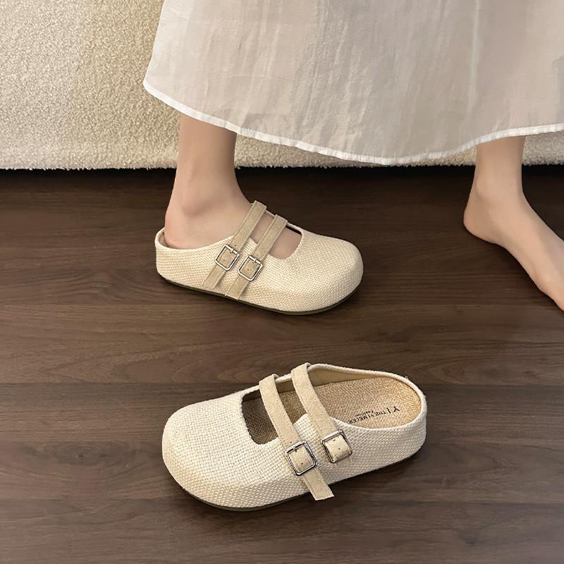 推荐休闲亚麻编织勃肯鞋女2026夏厚底包头拖一脚蹬懒人半拖鞋增高