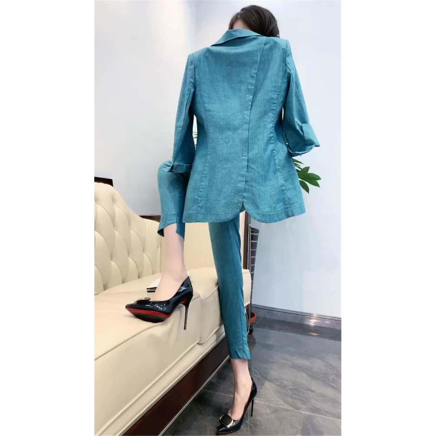 新品网红同款时尚套装女五分袖西装领西服外套哈伦裤学生韩版两件
