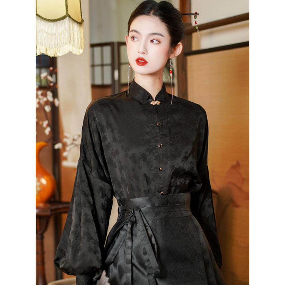新品复古国风设计感灯笼袖汉服衬衫秋装新款新中式马面裙搭配黑色