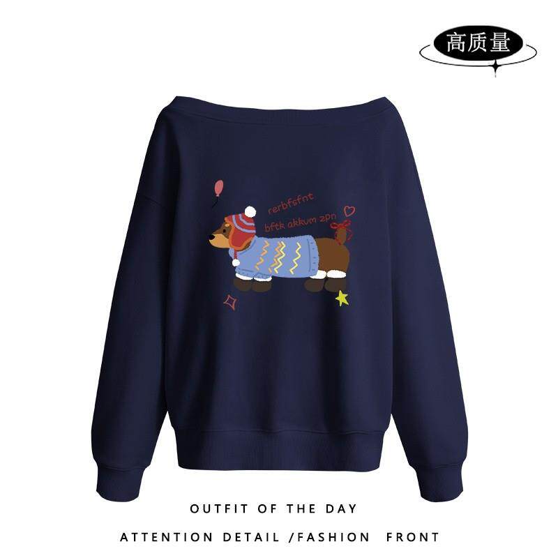 新品早秋新款白色辣妹斜领卫衣女2025小众设计感宽松显瘦露肩长袖