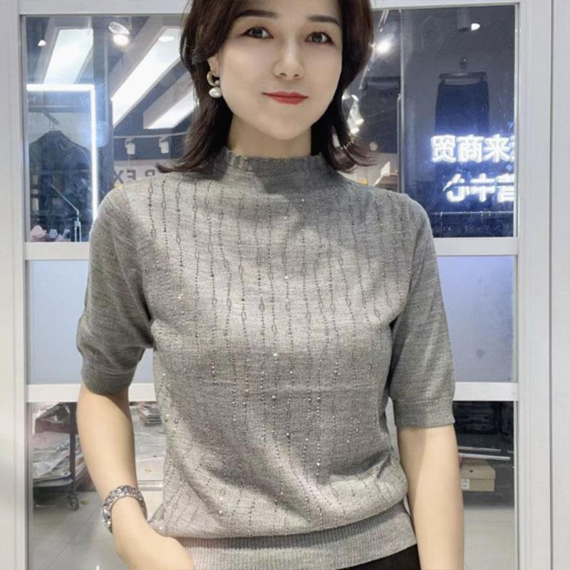 新品时尚半高领烫钻针织衫女2026秋季新款洋气百搭显瘦中袖上衣妈