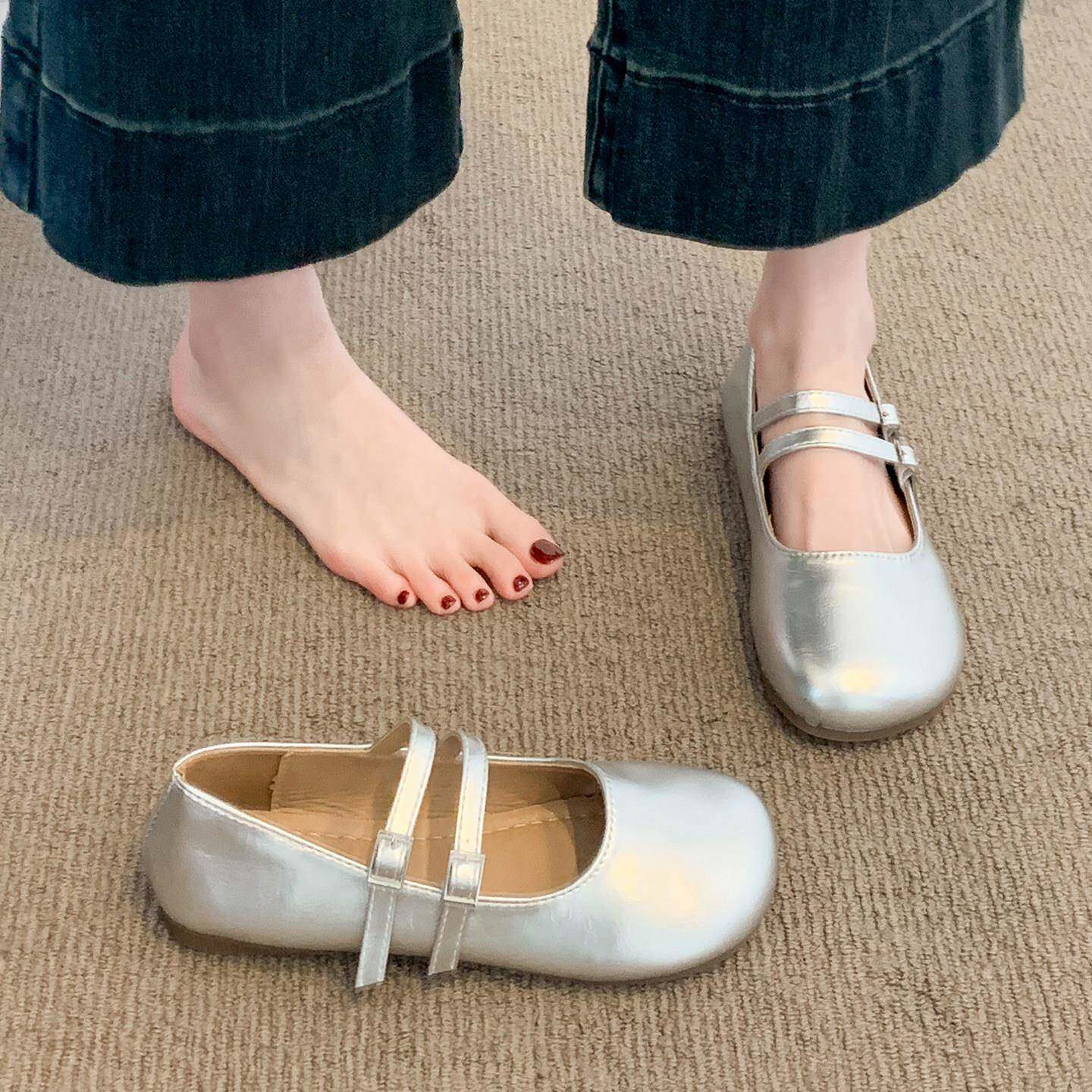 新品平底法式百搭银色玛丽珍单鞋女2026新款春季鞋子孕妇配裙子小